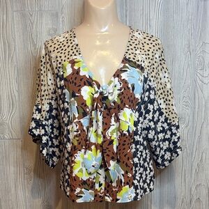 CAbi Patchwork Floral and Animal Print Tie Front Blouse Size M